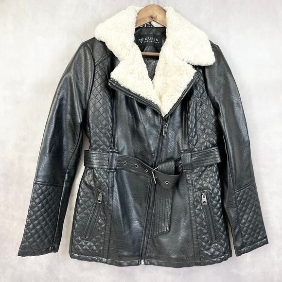 Guess Womens Moto Jacket L Black Faux Leather Quilted Belted Y2K Edgy Chic - Picture 1 of 11